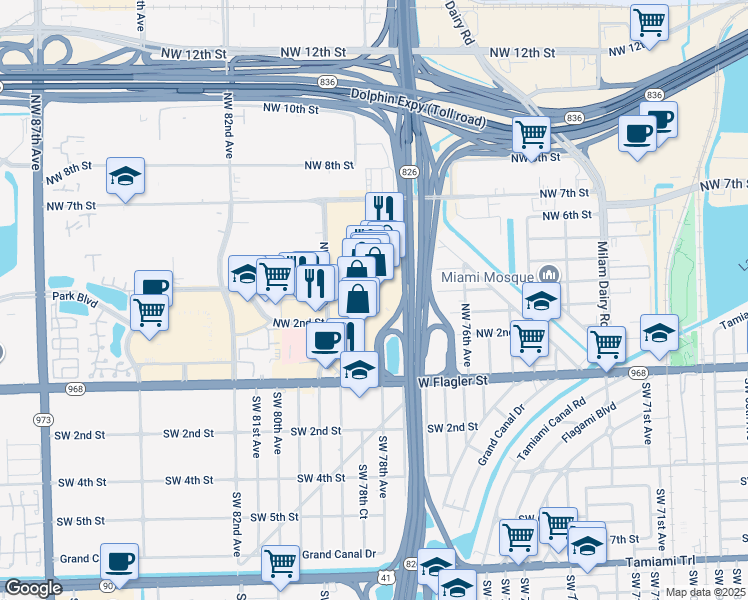 map of restaurants, bars, coffee shops, grocery stores, and more near 7755 West Flagler Street in Miami