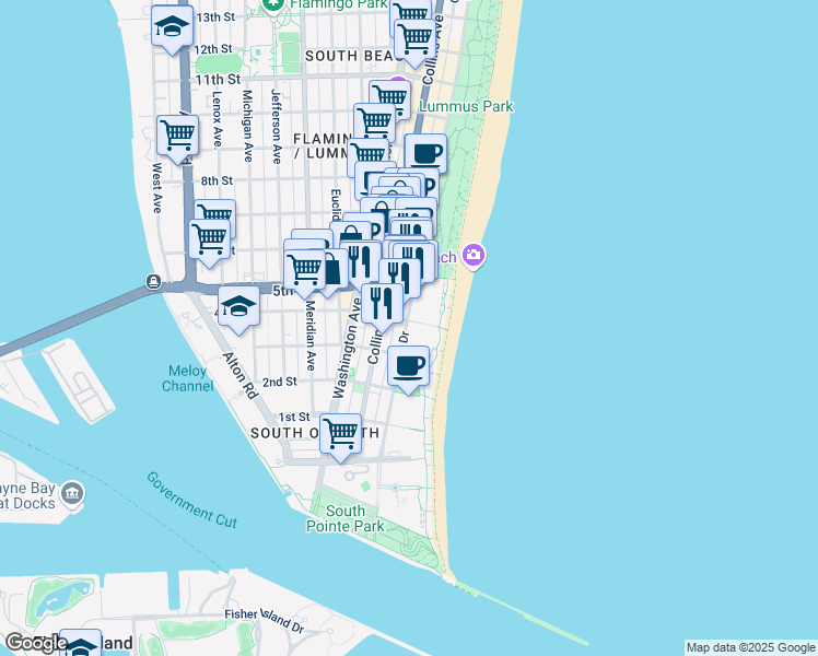 map of restaurants, bars, coffee shops, grocery stores, and more near in Miami Beach