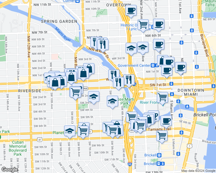 map of restaurants, bars, coffee shops, grocery stores, and more near 501 Southwest 1st Street in Miami
