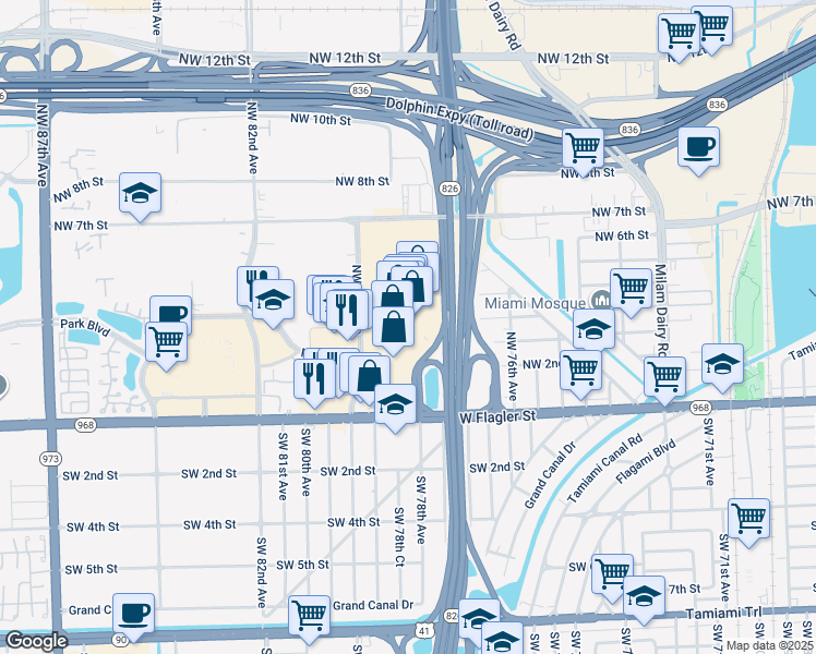 map of restaurants, bars, coffee shops, grocery stores, and more near 7795 West Flagler Street in Miami