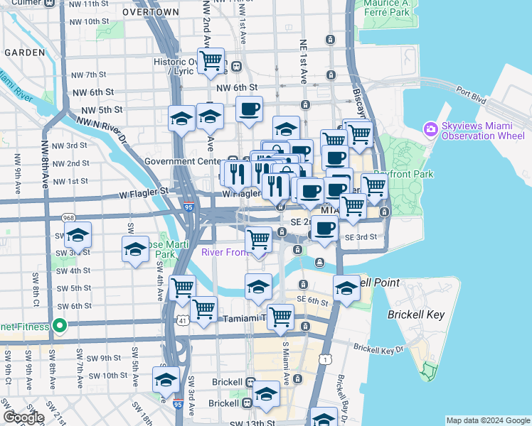 map of restaurants, bars, coffee shops, grocery stores, and more near in Miami