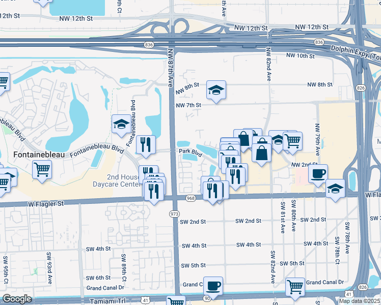 map of restaurants, bars, coffee shops, grocery stores, and more near 12257 Park Boulevard in Miami