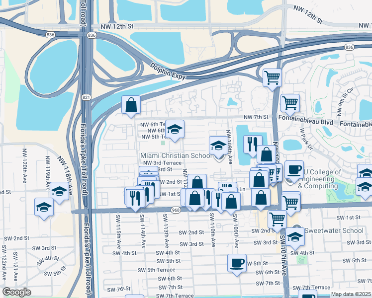 map of restaurants, bars, coffee shops, grocery stores, and more near 11161 Northwest 4th Terrace in Miami