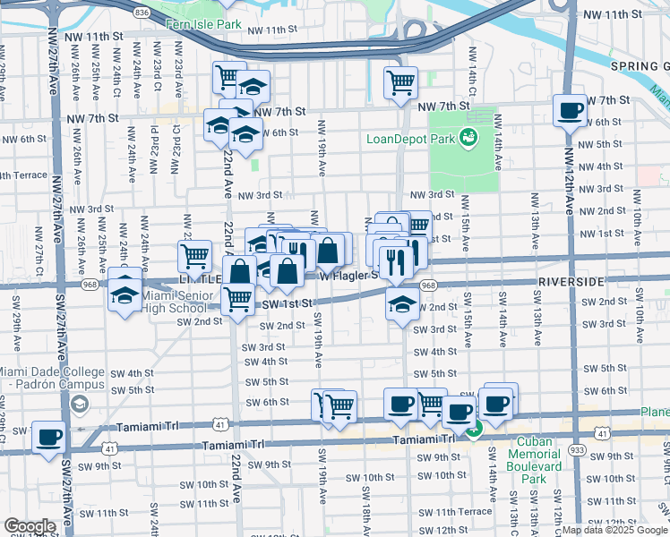 map of restaurants, bars, coffee shops, grocery stores, and more near 1855 West Flagler Street in Miami