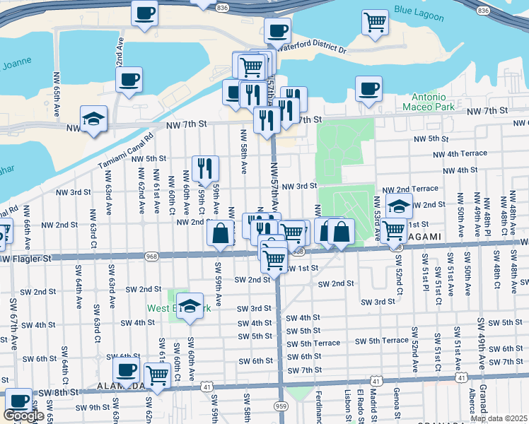 map of restaurants, bars, coffee shops, grocery stores, and more near 225 Northwest 57th Court in Miami