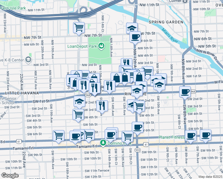 map of restaurants, bars, coffee shops, grocery stores, and more near 1400 West Flagler Street in Miami
