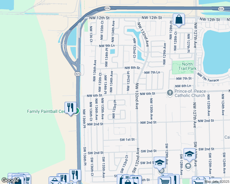 map of restaurants, bars, coffee shops, grocery stores, and more near 610 Northwest 133rd Court in Miami