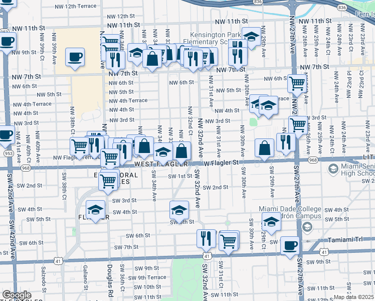 map of restaurants, bars, coffee shops, grocery stores, and more near 50 Northwest 32nd Avenue in Miami