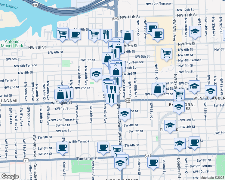 map of restaurants, bars, coffee shops, grocery stores, and more near 4275 Northwest 1st Street in Miami