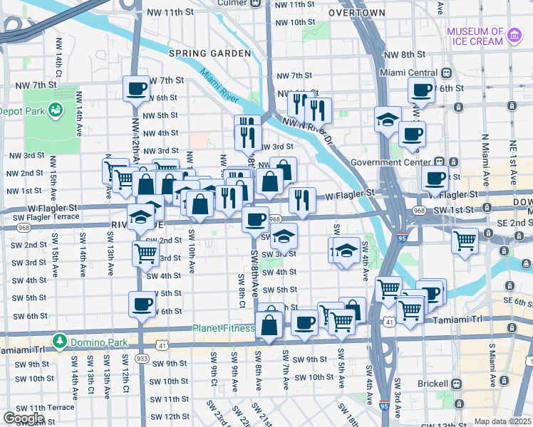 map of restaurants, bars, coffee shops, grocery stores, and more near 6 Southwest 7th Avenue in Miami