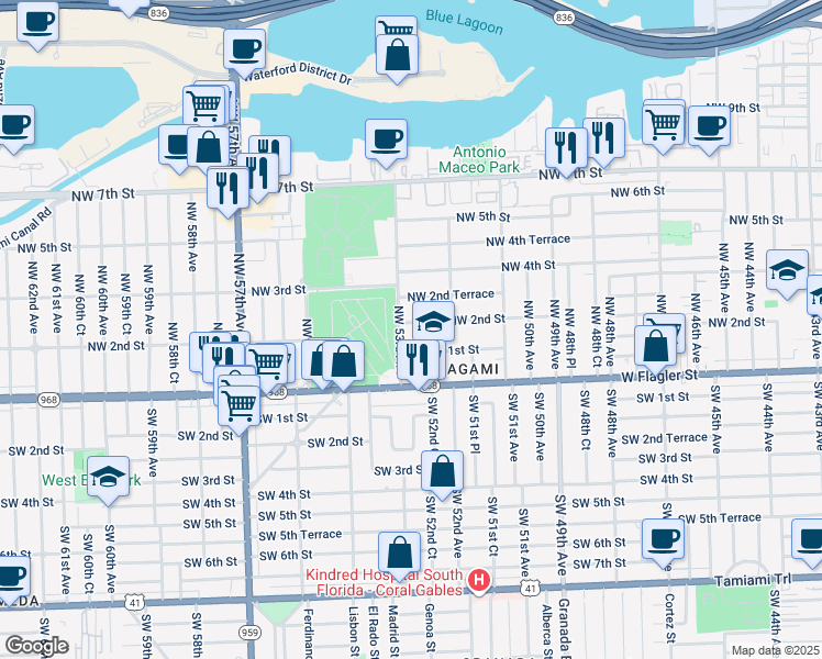 map of restaurants, bars, coffee shops, grocery stores, and more near 5280 Northwest 2nd Street in Miami
