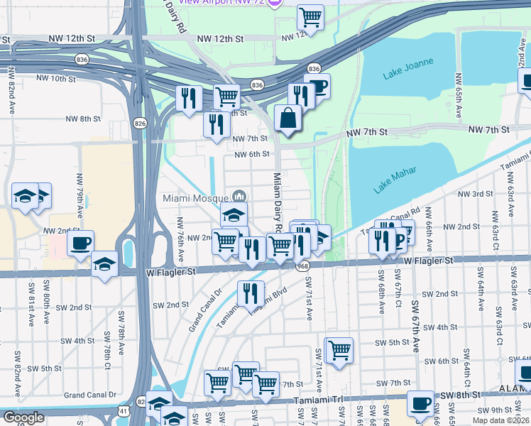 map of restaurants, bars, coffee shops, grocery stores, and more near 7231 Northwest 2nd Terrace in Miami