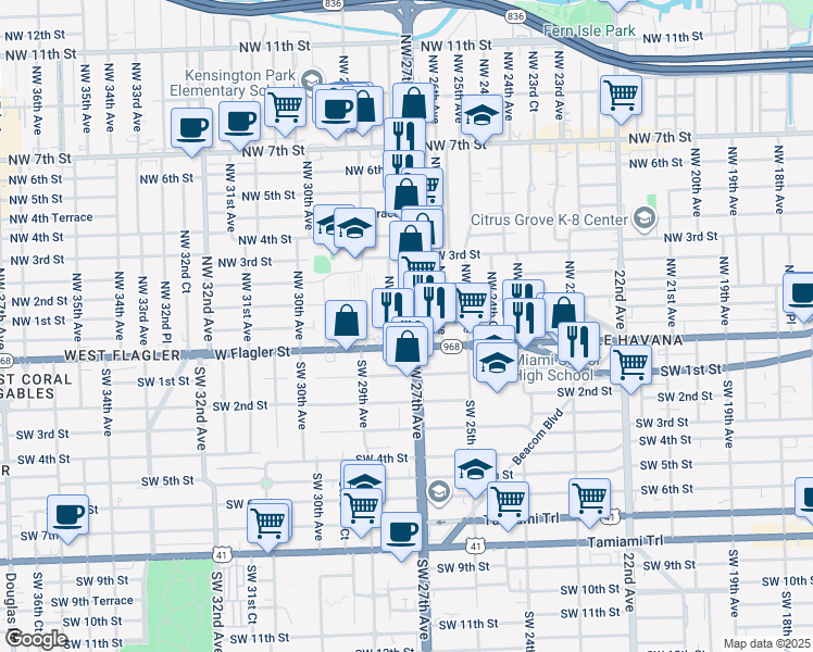 map of restaurants, bars, coffee shops, grocery stores, and more near 42 Northwest 27th Avenue in Miami