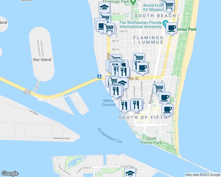 map of restaurants, bars, coffee shops, grocery stores, and more near 400 Alton Road in Miami Beach