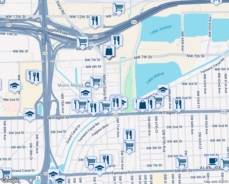 map of restaurants, bars, coffee shops, grocery stores, and more near 260 Northwest 71st Avenue in Miami