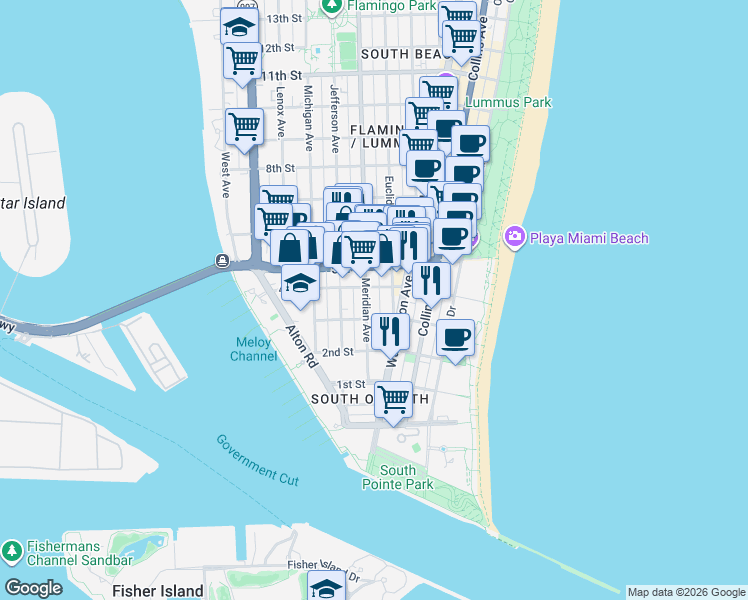 map of restaurants, bars, coffee shops, grocery stores, and more near 325 Meridian Avenue in Miami Beach