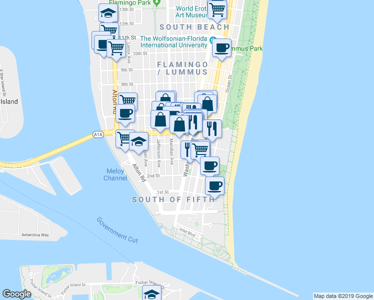 map of restaurants, bars, coffee shops, grocery stores, and more near in Miami Beach