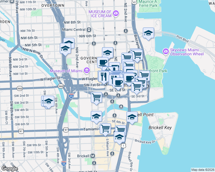 map of restaurants, bars, coffee shops, grocery stores, and more near 26 Southeast 1st Street in Miami