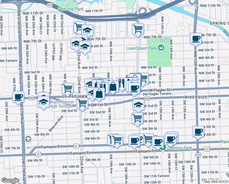 map of restaurants, bars, coffee shops, grocery stores, and more near 1855 West Flagler Street in Miami