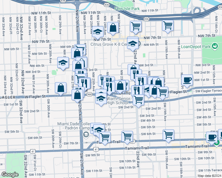 map of restaurants, bars, coffee shops, grocery stores, and more near in Miami