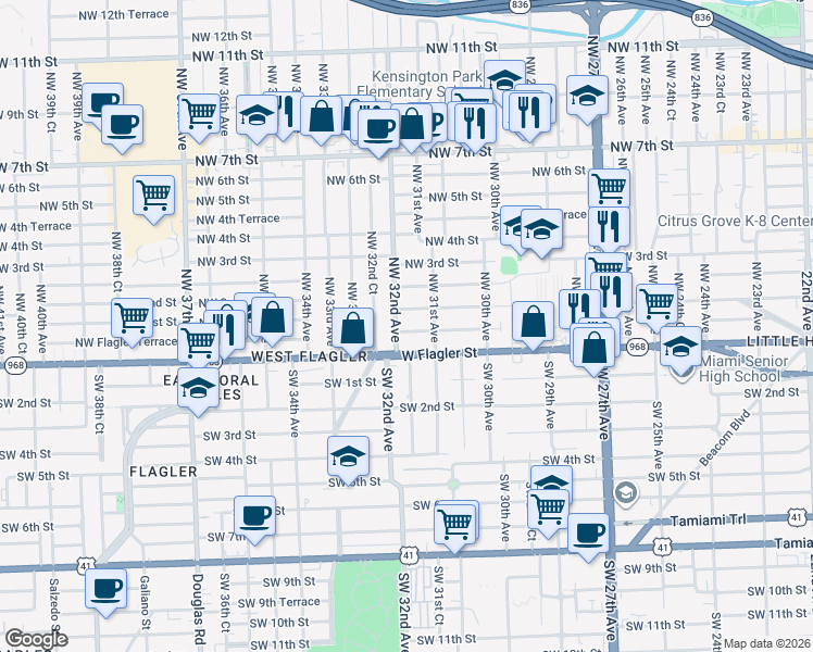 map of restaurants, bars, coffee shops, grocery stores, and more near 3159 Northwest Flagler Terrace in Miami