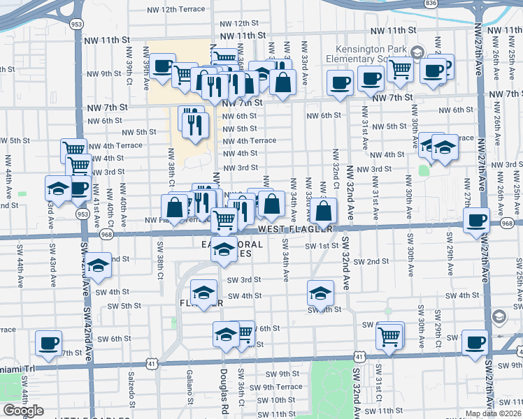 map of restaurants, bars, coffee shops, grocery stores, and more near 3520 Northwest 1st Street in Miami