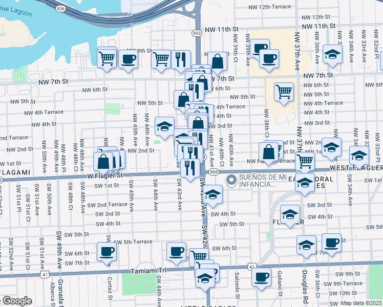 map of restaurants, bars, coffee shops, grocery stores, and more near 4275 Northwest 1st Street in Miami