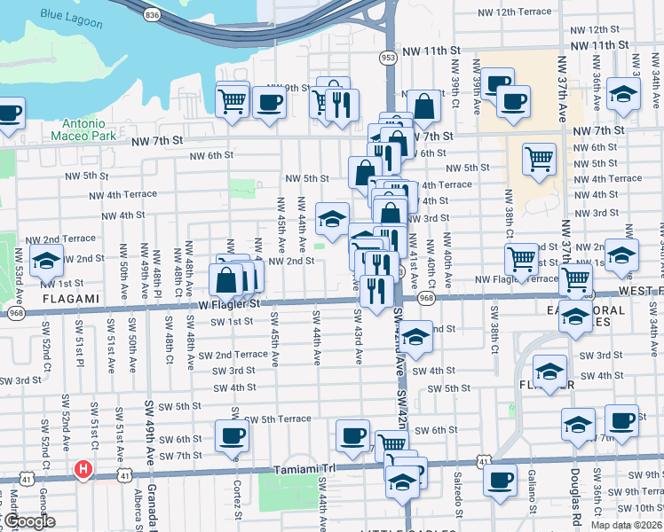 map of restaurants, bars, coffee shops, grocery stores, and more near 141 Northwest 43rd Place in Miami