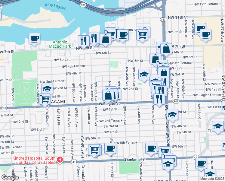 map of restaurants, bars, coffee shops, grocery stores, and more near 101 Northwest 47th Avenue in Miami