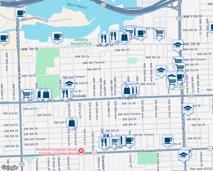 map of restaurants, bars, coffee shops, grocery stores, and more near 124 Northwest 48th Place in Miami