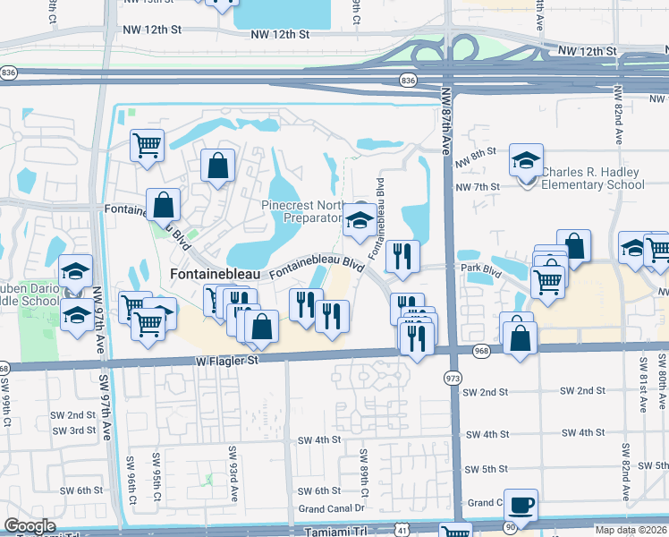 map of restaurants, bars, coffee shops, grocery stores, and more near in Fontainebleau