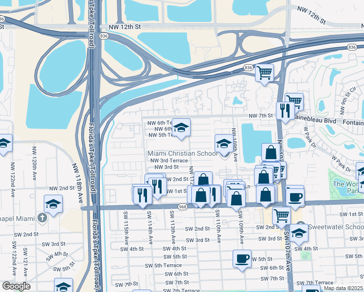 map of restaurants, bars, coffee shops, grocery stores, and more near 11161 Northwest 4th Terrace in Miami