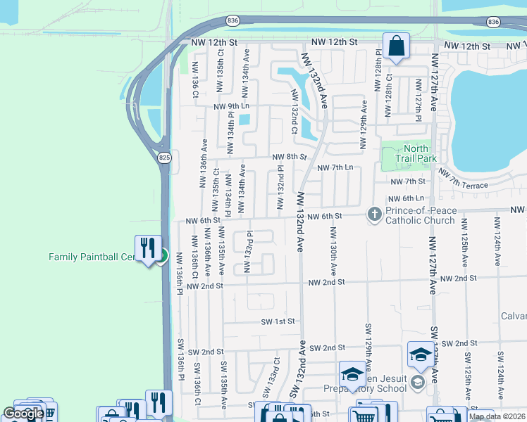 map of restaurants, bars, coffee shops, grocery stores, and more near 610 Northwest 133rd Court in Miami