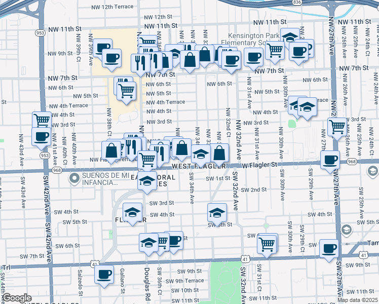 map of restaurants, bars, coffee shops, grocery stores, and more near 3434 Northwest 1st Street in Miami