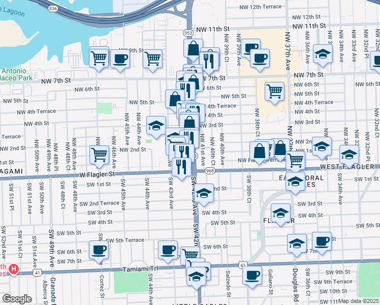 map of restaurants, bars, coffee shops, grocery stores, and more near 180 Northwest 42nd Avenue in Miami