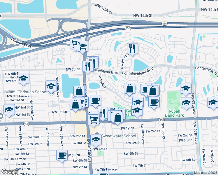map of restaurants, bars, coffee shops, grocery stores, and more near 201 Northwest 3rd Street in Miami