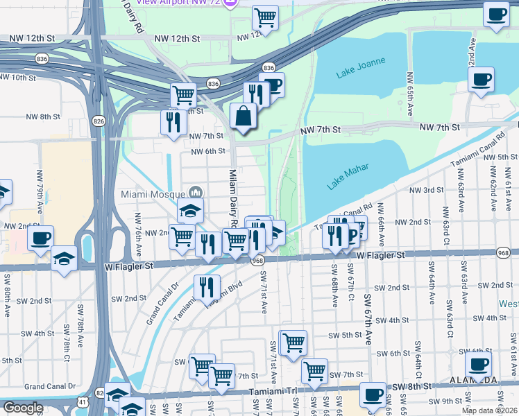 map of restaurants, bars, coffee shops, grocery stores, and more near 260 Northwest 71st Avenue in Miami