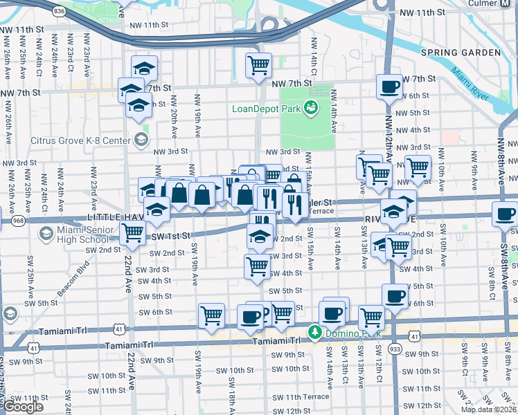 map of restaurants, bars, coffee shops, grocery stores, and more near W Flagler St & NW 17th Ave in Miami