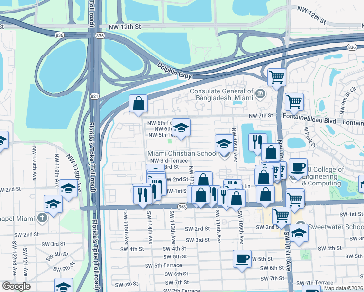 map of restaurants, bars, coffee shops, grocery stores, and more near 11161 Northwest 4th Terrace in Miami