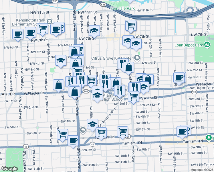 map of restaurants, bars, coffee shops, grocery stores, and more near in Miami