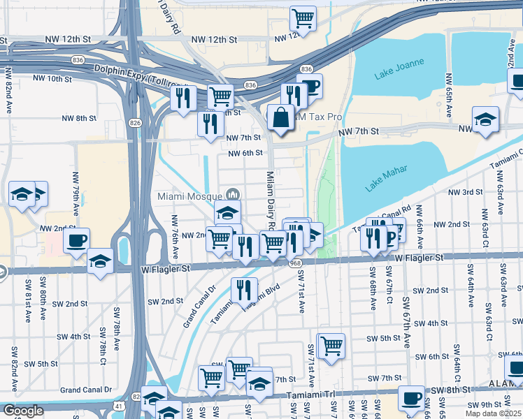 map of restaurants, bars, coffee shops, grocery stores, and more near 7231 Northwest 2nd Terrace in Miami