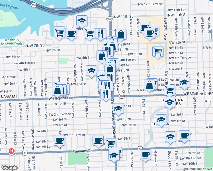 map of restaurants, bars, coffee shops, grocery stores, and more near 4275 Northwest 1st Street in Miami