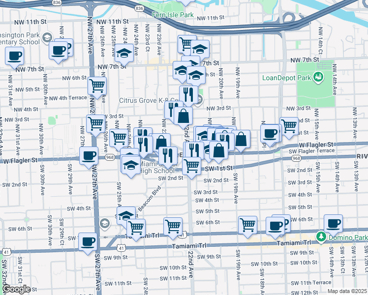 map of restaurants, bars, coffee shops, grocery stores, and more near 2235 West Flagler Street in Miami