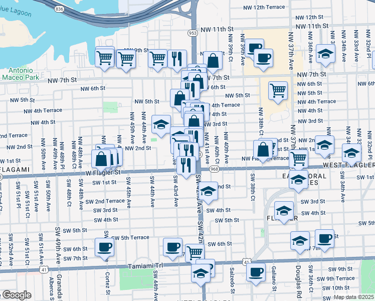 map of restaurants, bars, coffee shops, grocery stores, and more near 4275 Northwest 1st Street in Miami