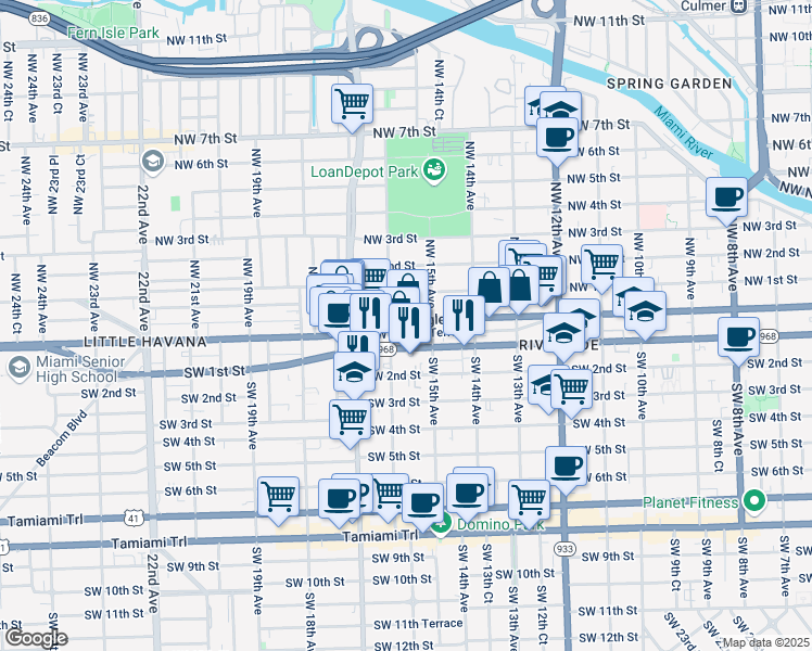 map of restaurants, bars, coffee shops, grocery stores, and more near 1511 Southwest Flagler Terrace in Miami