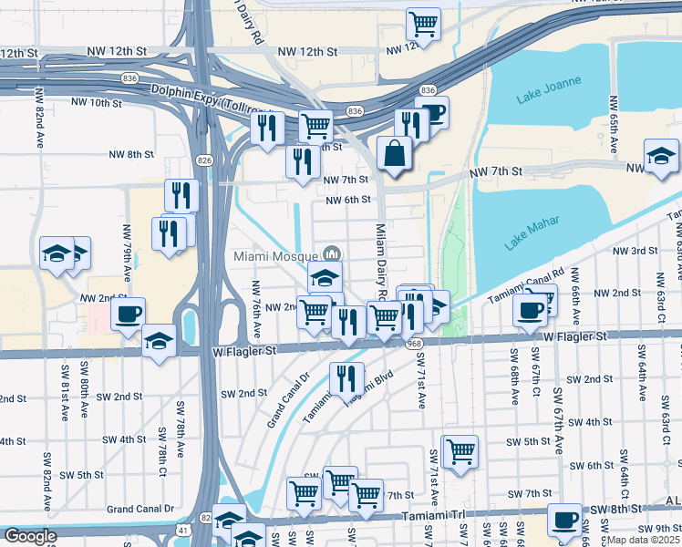 map of restaurants, bars, coffee shops, grocery stores, and more near 281 Northwest Drive in Miami