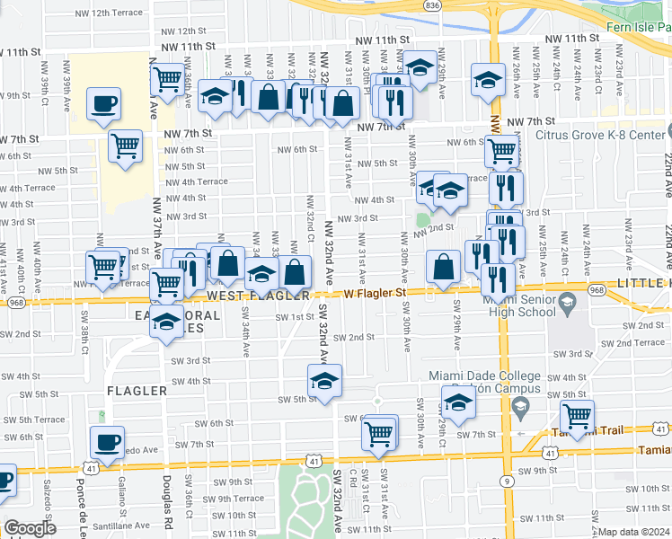 map of restaurants, bars, coffee shops, grocery stores, and more near 3159 Northwest Flagler Terrace in Miami