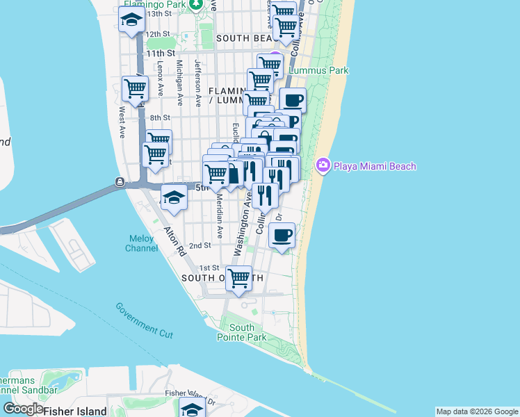 map of restaurants, bars, coffee shops, grocery stores, and more near in Miami Beach