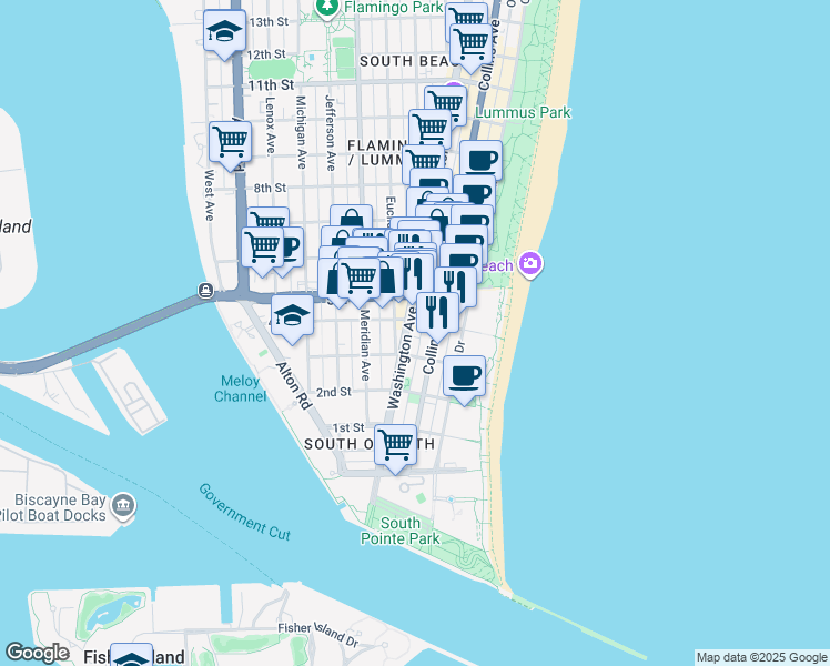 map of restaurants, bars, coffee shops, grocery stores, and more near 347 Washington Avenue in Miami Beach