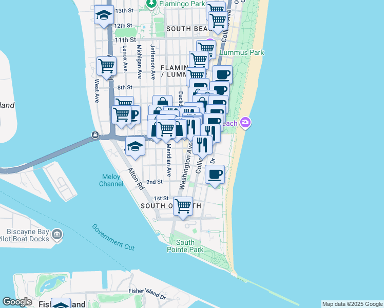 map of restaurants, bars, coffee shops, grocery stores, and more near 347 Washington Avenue in Miami Beach